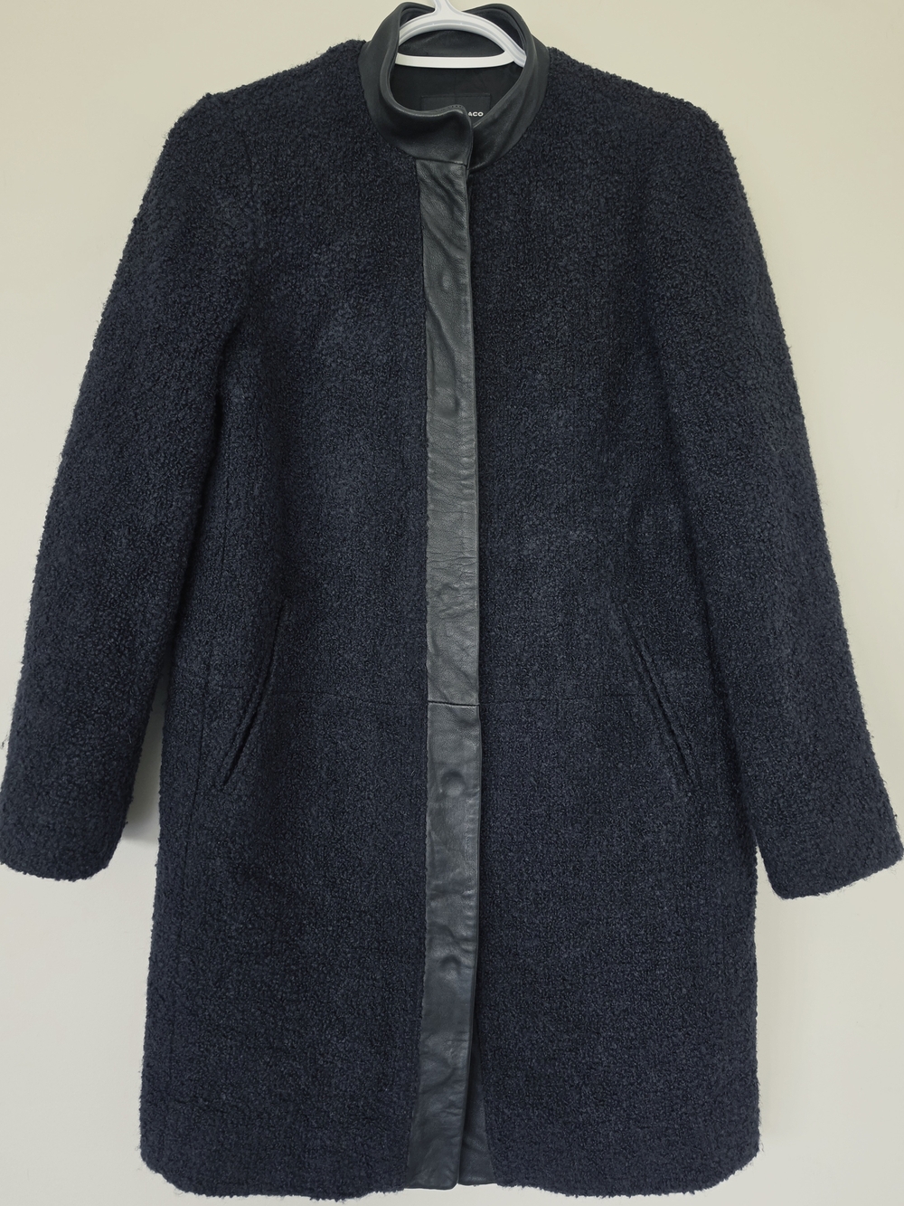 Club Monaco Navy Wool Textured Pea Coat with Lamb Leather Trim. Chester. Size XS